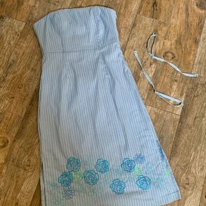 Express Stretch Pinstripe Strapless Midi Dress